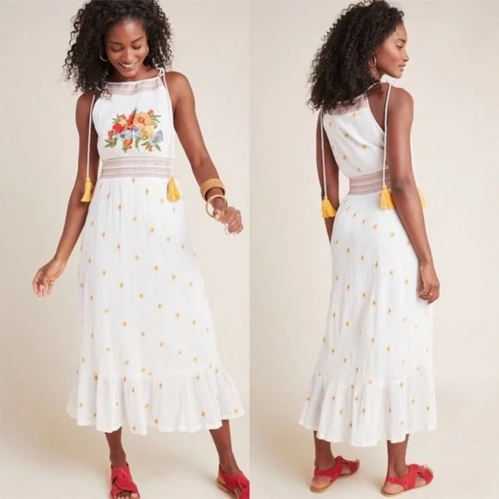NWT Anthropologie Farm Rio Bloom Maxi Dress XS Embroidered Linen Maxi Dress